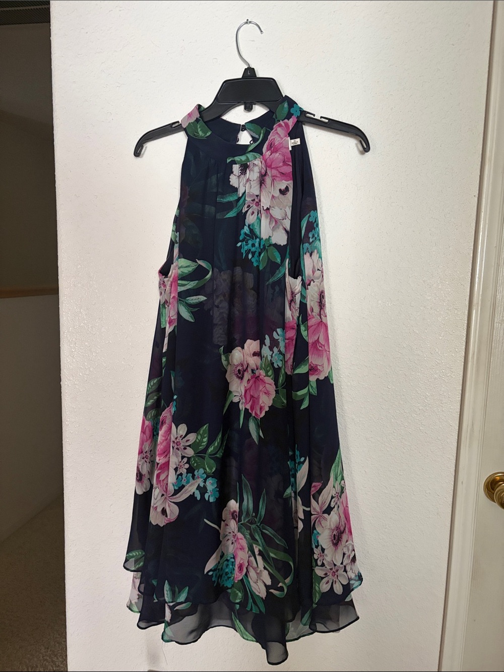 Navy Sleeveless Floral Dress with Pink & Green Blooms